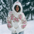 Women's  Bohemian Style Pink Rose Art Warm Hooded Knitted Sweater