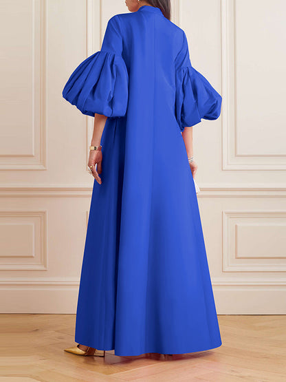 Loose Flower Shape Color Stand Collar Lantern Sleeves Maxi Dresses
