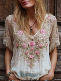 Bohemian Vintage Distressed Embroidered Flower Short-sleeved Shirt elevenforest