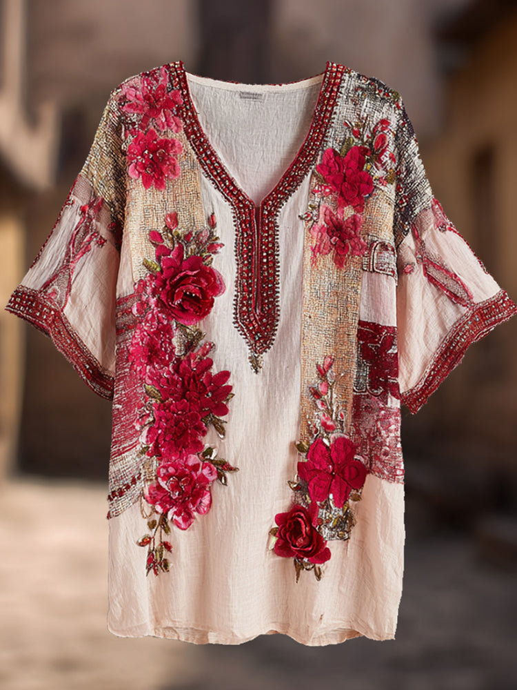 Bohemian Rhapsody, Red Rose, Rhinestone, V-neck, Loose, Short-sleeved T-shirt elevenforest