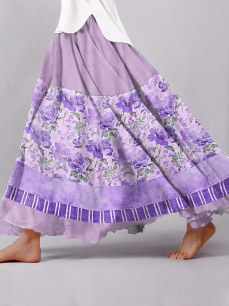 Women's Retro Casual Purple Floral Splicing Skirt elevenforest