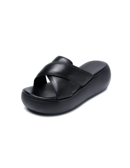 Leather Cross Strap Wedge Slippers