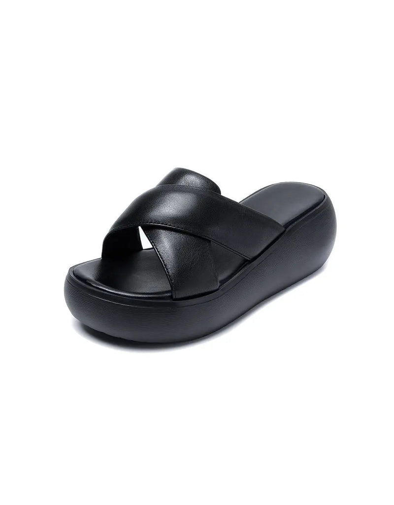 Leather Cross Strap Wedge Slippers