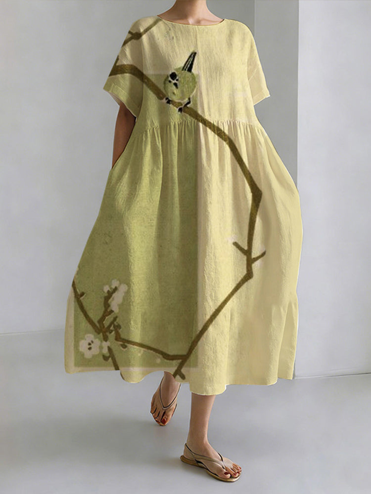 Comstylish Japanese Style Magpie Perched On A Tree Branch Round Neck Casual Dress