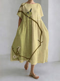 Japanese Style Magpie Perched On A Tree Branch Round Neck Casual Dress elevenforest