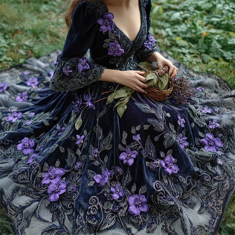 Vintage Witch Purple Flowers Glitter Embroidered Medieval Dress elevenforest