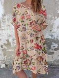 Women's Elegant Floral Pattern Round Neck Cotton and Linen Dress