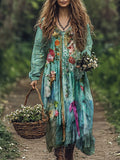 Vintage Boho Floral Textile Flowy Linen Blend Maxi Dress elevenforest