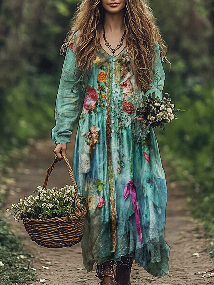 Vintage Boho Floral Textile Flowy Linen Blend Maxi Dress elevenforest