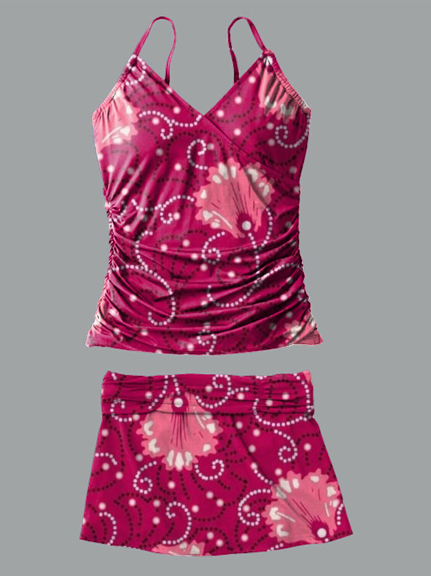 Red Flower V-Neck Vintage Flowers Print Suspender Skirt Tankini Pantskirt Set Swimsuit