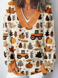 Fall Tractor & Pumpkins Embroidery Cozy Knit Sweater artswardrobe