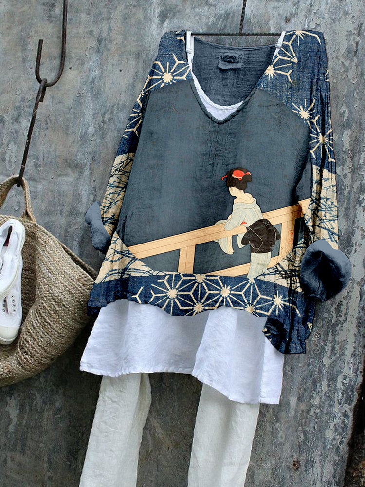 Comstylish Vintage Japanes Art Pattern Linen Blend Cozy Tunic
