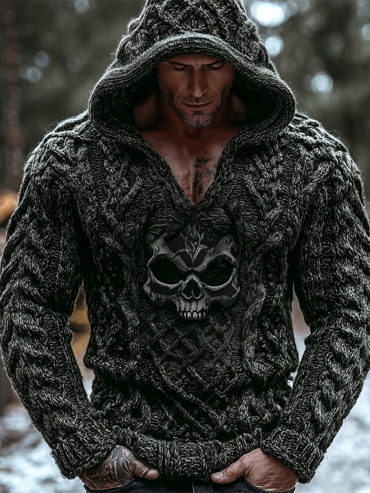 Viking Evil Skull Vintage Men's Chunky Knit Twist Hooded Sweater elevenforest