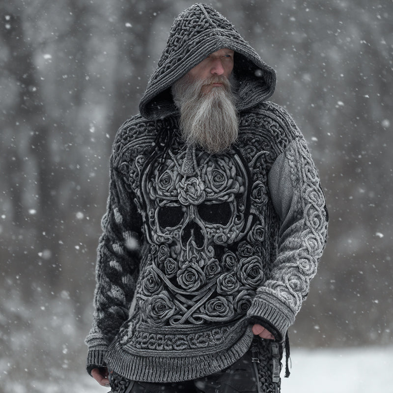 Men's Viking Tribal Jacquard Celtic With Rose And Skull Face Inspired Chunky Knit Hooded Sweater artswardrobe
