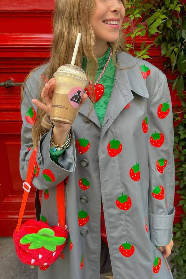 Fruit Print Long Coat Cherry Trench Coat