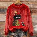 Comstylish Women's Fun Christmas Tree Cat Plush Sweater
