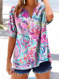 Women's Colorful Floral Art Print Casual Cotton And Linen Shirt