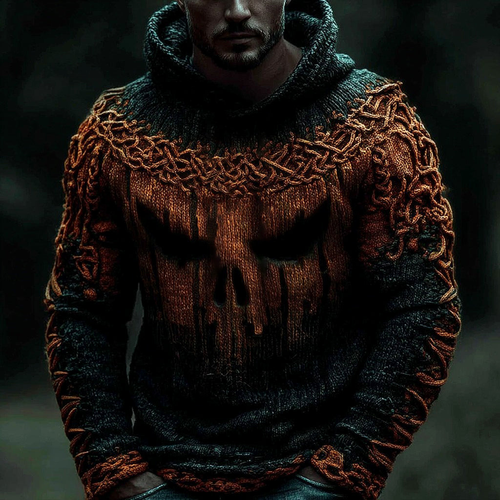 Viking Halloween Pumpkin Skull Men's Knit Twist Hooded Sweater artswardrobe