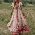 Women's Vintage Bohemian Floral Patchwork Round Neck Long Dress elevenforest