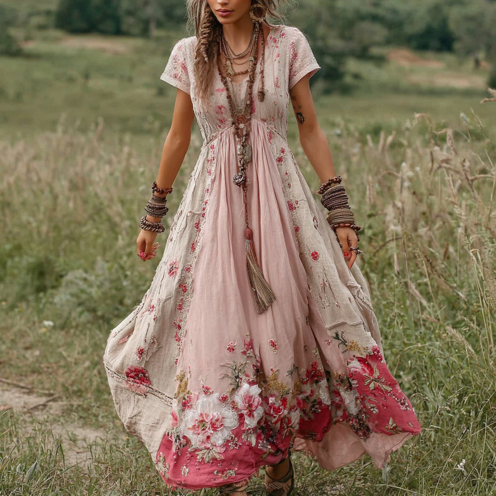 Women's Vintage Bohemian Floral Patchwork Round Neck Long Dress elevenforest