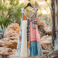 Women's Vintage Floral Applique Art V Neck Dress elevenforest