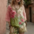 Women's Vintage Floral Embroidery Art V Neck Linen Comfy T-shirt elevenforest