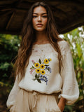 Retro Bohemian Sunflower And Floral Embroidery Art Print Cotton And Linen Blend Loose Blouse elevenforest