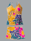 V-Neck Colorful Geometric Flower Art Print Suspender Skirt Tankini Pantskirt Set Swimsuit