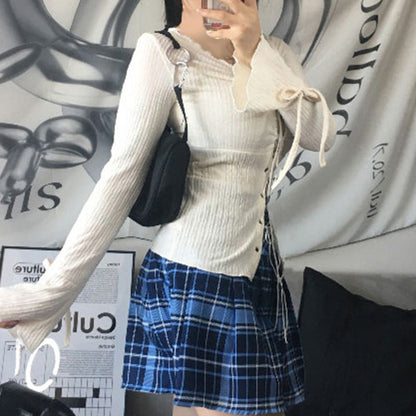 Pure Texture Lace Up Flare Sleeve T Shirt Two Piece Cardigan Close Edged V Neck Slim Fit Short Top