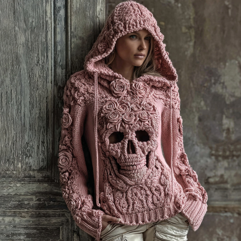 Comstylish Halloween Pink Rose Skull Gothic Hoodie Sweater