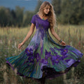 Oil Painting Purple Irises Lace Embroidered Flowy Linen Maxi Dress elevenforest