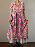 Women's Boho Ethnic Totem Art Pattern Print Button Pocket Cotton Dress