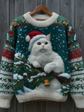 Comstylish Cute Christmas Cat Warm Round Neck Sweater