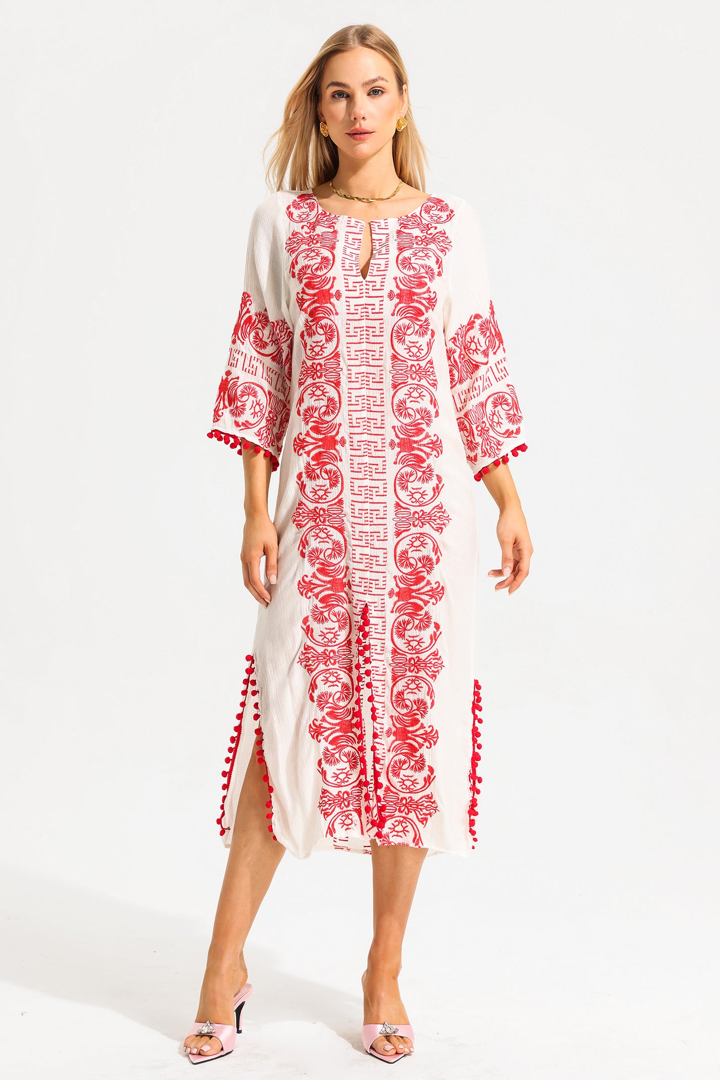 V-neck Embroidered Slip Midi Dress