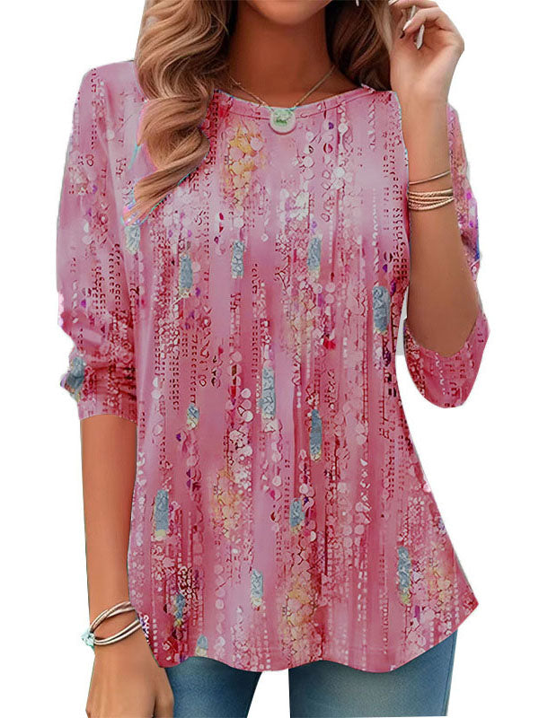 A-line Long Sleeves Printed Round-neck T-shirts Tops
