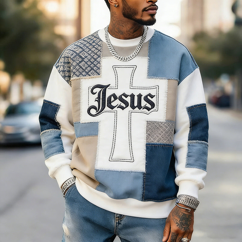 Men's Retro Jesus Cross Patchwork Art Cozy Knit Sweatshirt elevenforest
