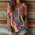 Women's Floral Art Print Casual V-neck Long Sleeve Top elevenforest