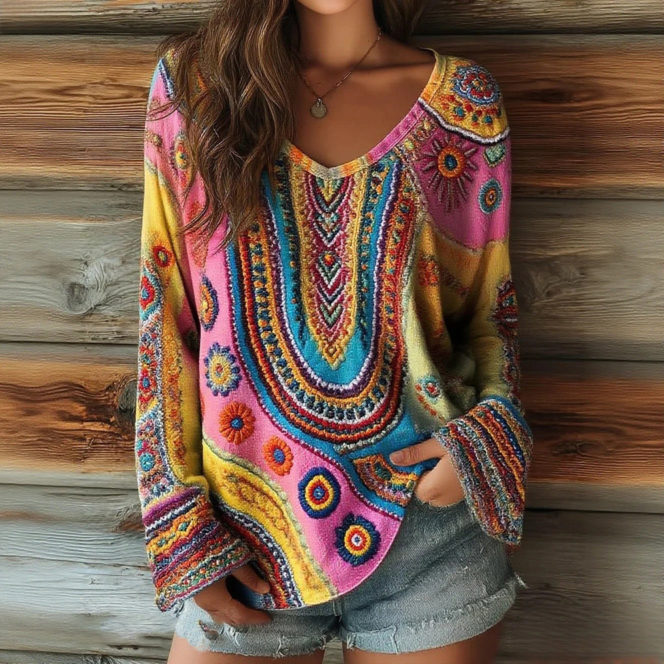 Women's Floral Art Print Casual V-neck Long Sleeve Top elevenforest