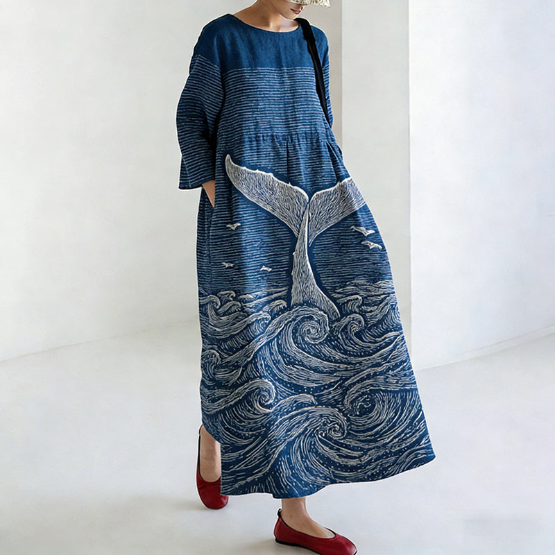 Comstylish Women's Japanese Art Ocean Pattern Linen Dress
