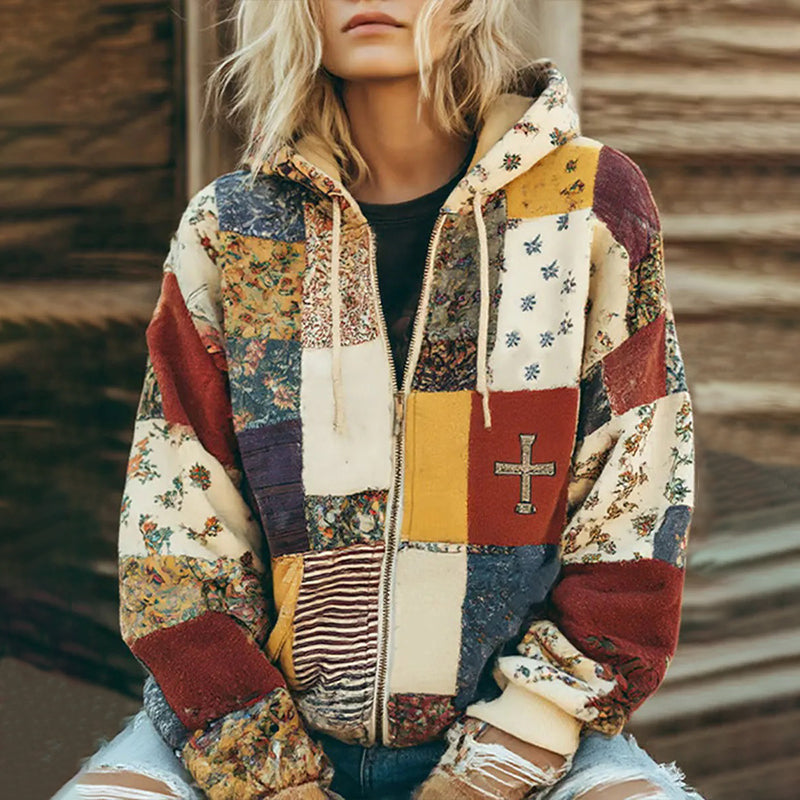 Women's Vintage Floral Cross Patchwork Cozy Warm Zipper Hoodie elevenforest
