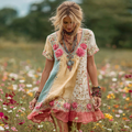 Women's Vintage Roses Embroidered Art Linen Short Dress elevenforest