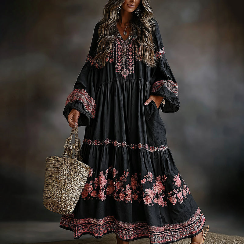 Women's Vintage Floral Art Flowy Linen Blend Casual Long Sleeve Maxi Dress elevenforest