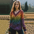 Vintage Irish Rainbow V-neck Knitted Jacquard Aran Sweater elevenforest