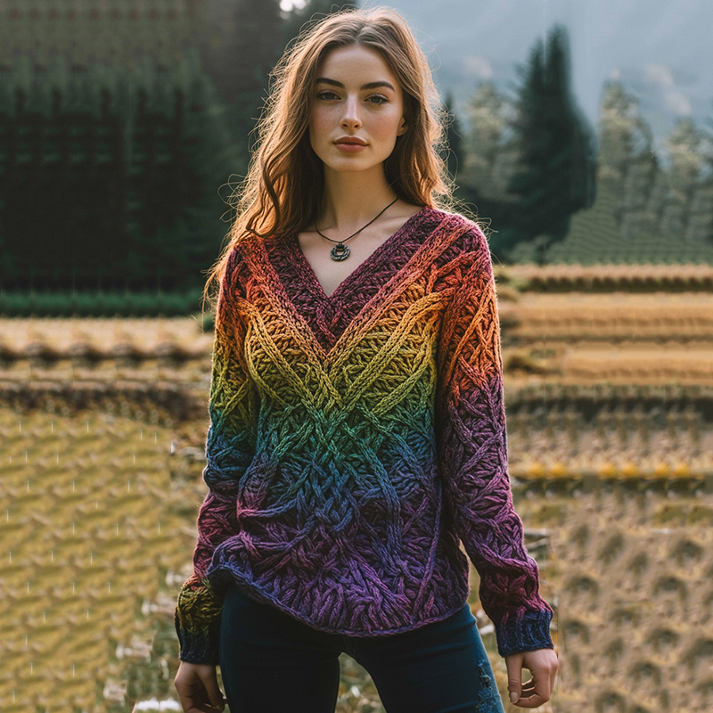 Vintage Irish Rainbow V-neck Knitted Jacquard Aran Sweater elevenforest