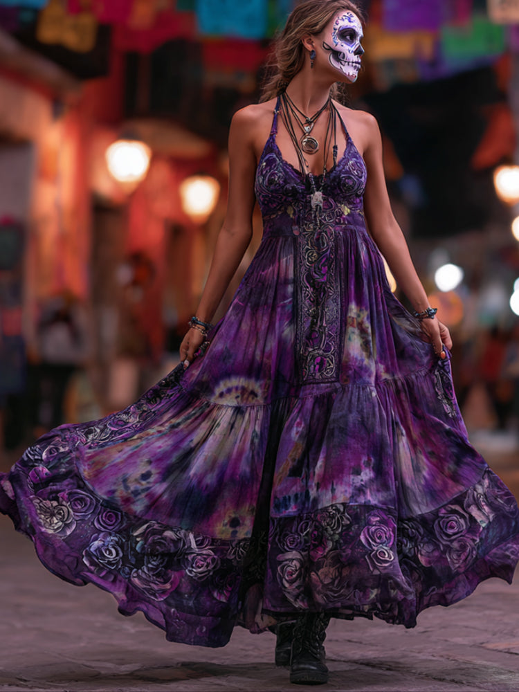 Ladies' Ethnic Pattern Vintage Style Long Dress With Straps elevenforest