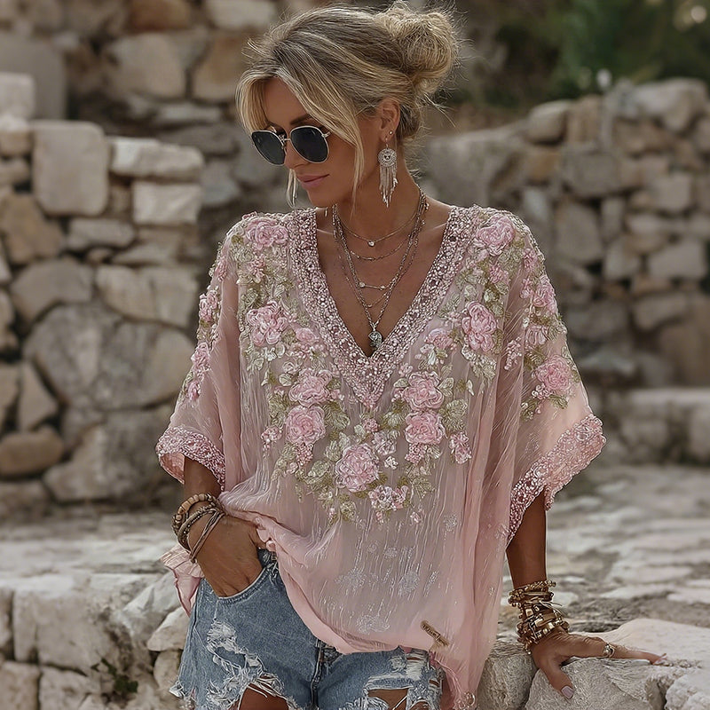 Bohemian Retro Pink Floral Pattern Women's Short-sleeve Top elevenforest
