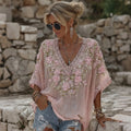 Bohemian Retro Pink Floral Pattern Women's Short-sleeve Top elevenforest