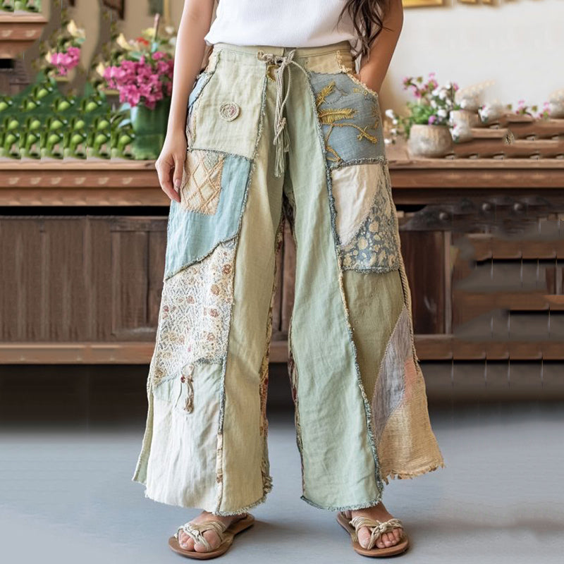 Vintage Floral Patchwork Linen Blend Casual Pants elevenforest