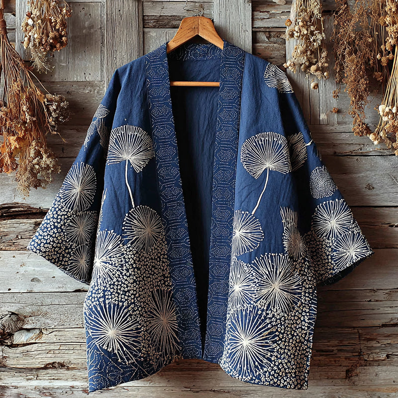 Vintage Japanese Traditional Sashiko Patchwork Art Print Cotton And Linen Blend Kimono Cardigan elevenforest