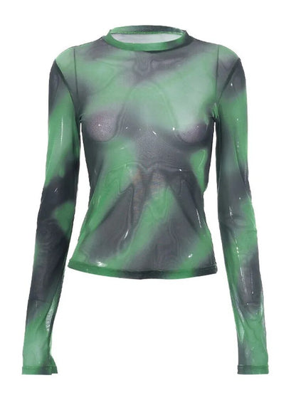 New Sweet Cool Tie Dyed Mesh Woman Clothing Round Neck Slim Fit Long Sleeve Top for High Street T Shirt